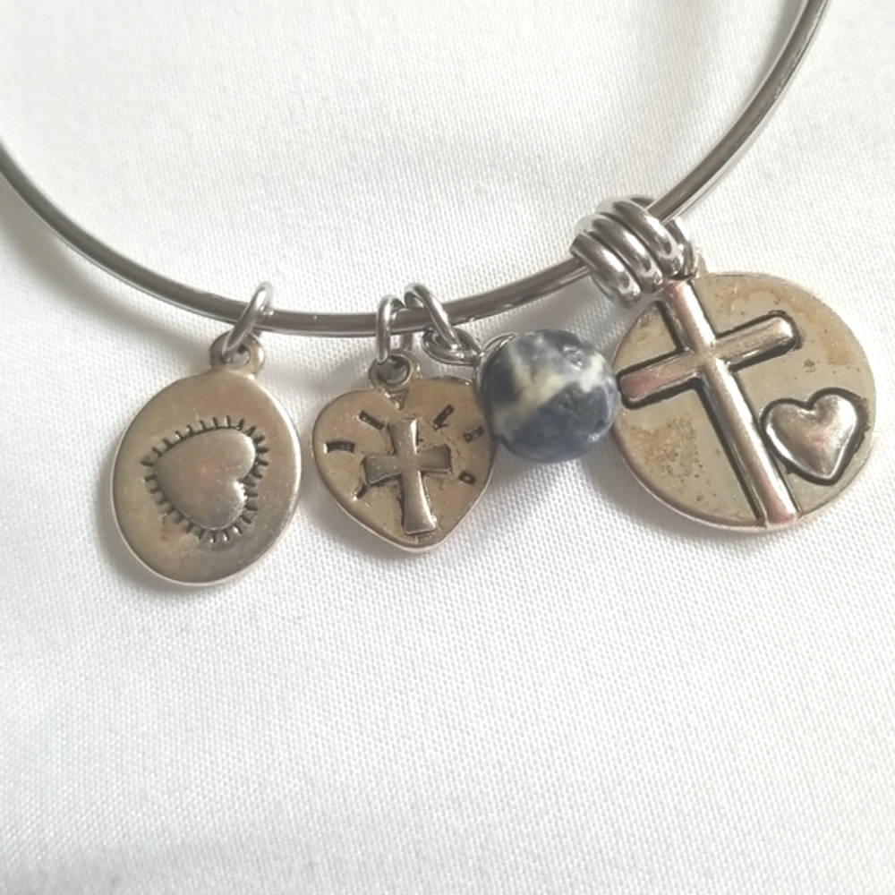 Silver Charm Bracelet Faith Cross Heart